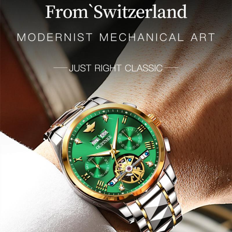 OUPINKE Новые мужские часы для бизнеса и отдыха, механические часы, многофункциональные механические часы Green Water Ghost, элитные деловые часы