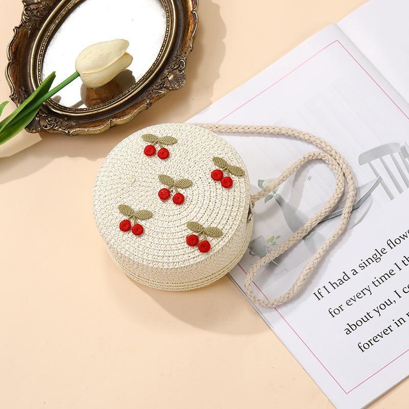 Girls Foldable Straw Crossbody Bag Cute Red Cherry Print Lightweight Woven Purse for Kids Summer Holiday