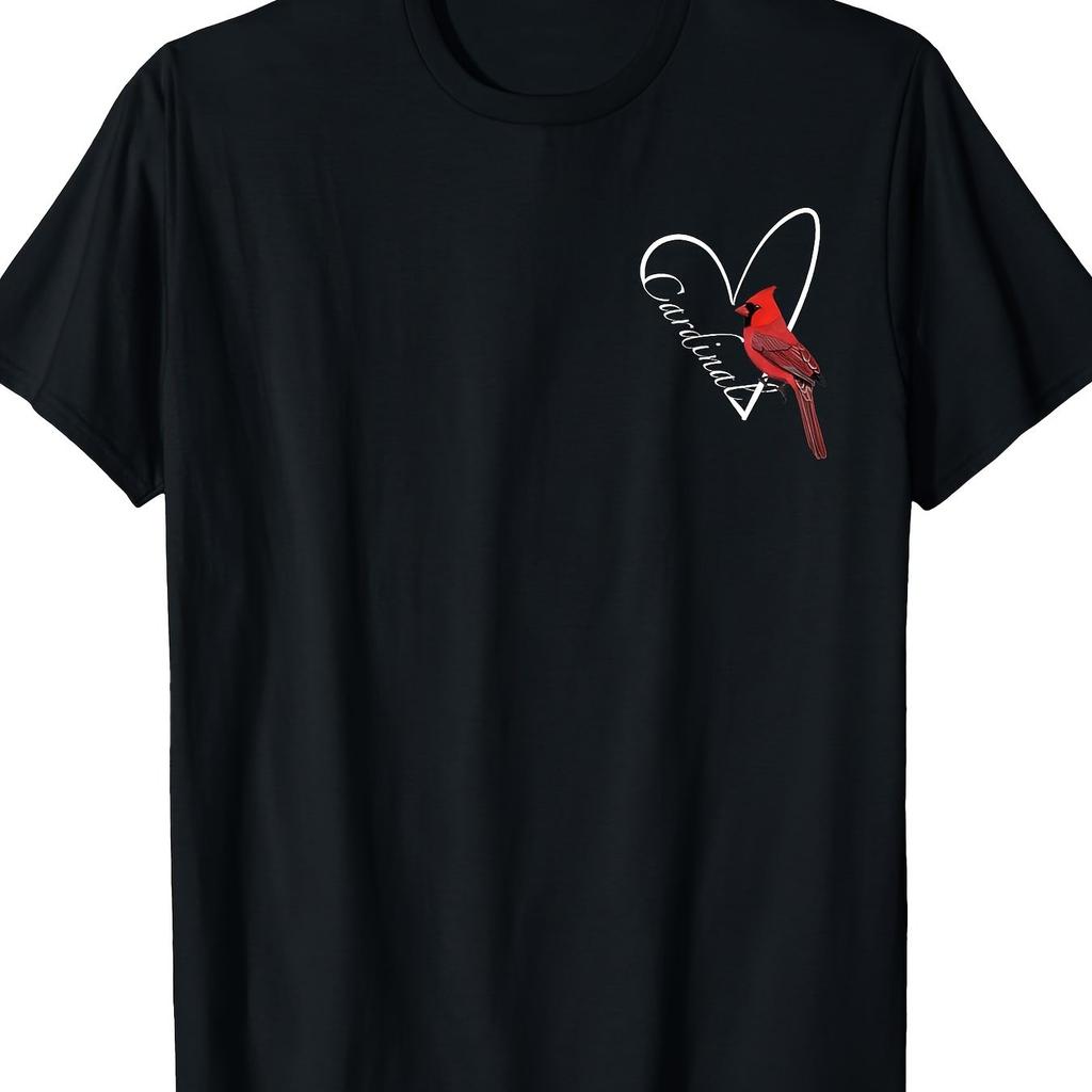 Cardinal Bird Heart Outline Graphic Tee Soft Cotton Casual Round Neck TShirt for Bird Lovers