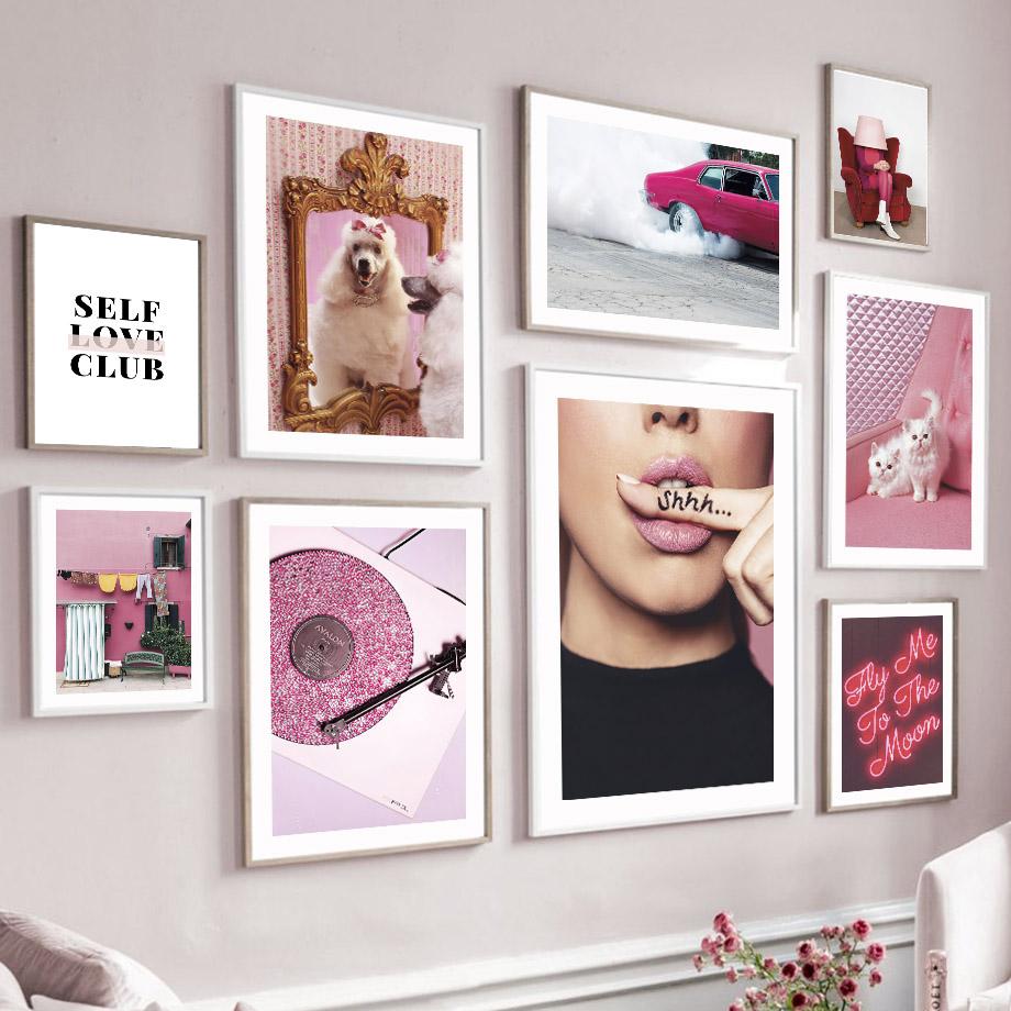 Настенный холст, постер, розовый блестящий плакат, поцелуй, девушка, собака, кошка, винтажный автомобиль, декор для гостиной, печать, картина, домашняя спальня