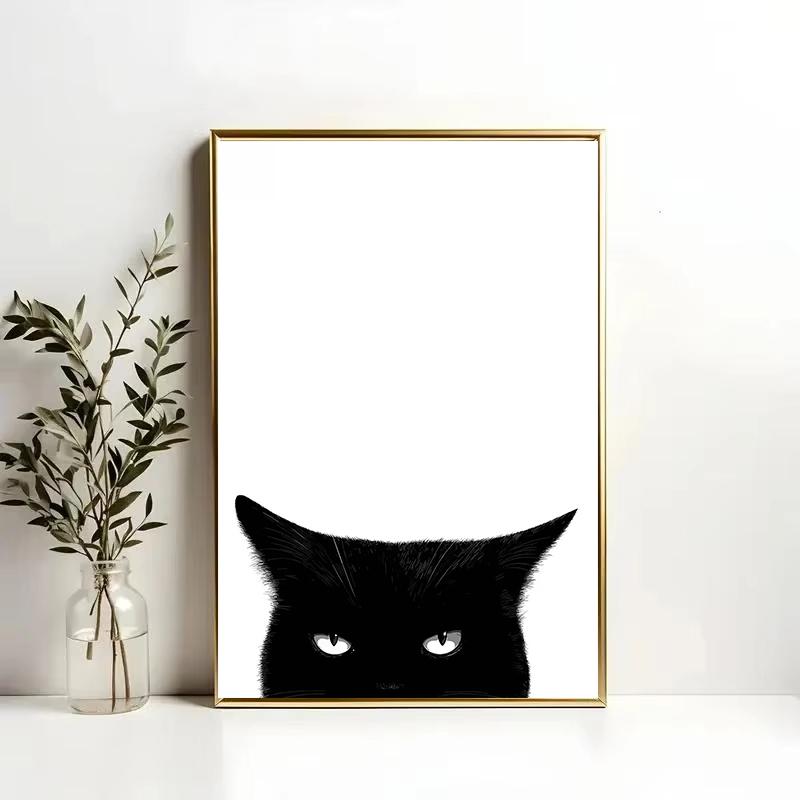 Cute Peeking Black Cat Funny Cat Face Modern Poster and Prints Canvas Printing Minimalist Wall Art Picture for Living Room Decor