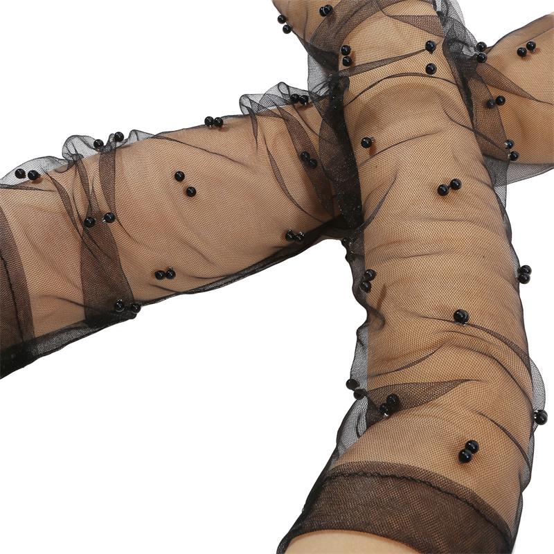 White Tulle Gloves Wedding Pearl Long Bridal Sheer Sleeves Elbow Length Lace Fingerless Gloves Mesh Dress Arm Gloves for Brides Costume Dance Party