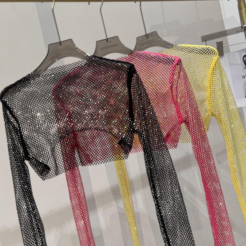 Блестящий сетчатый ромбовидный солнцезащитный топ с длинными рукавами для вечеринки