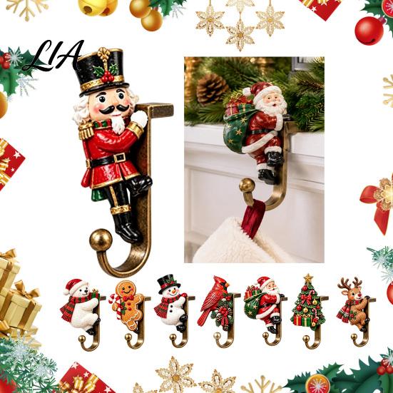 Decorative Mantel Hangers Christmas Stocking Holder for Shelf, Resin Santa Snowman Hooks Reindeer Hooks, No-Drill Fireplace Hanger Holiday Decor