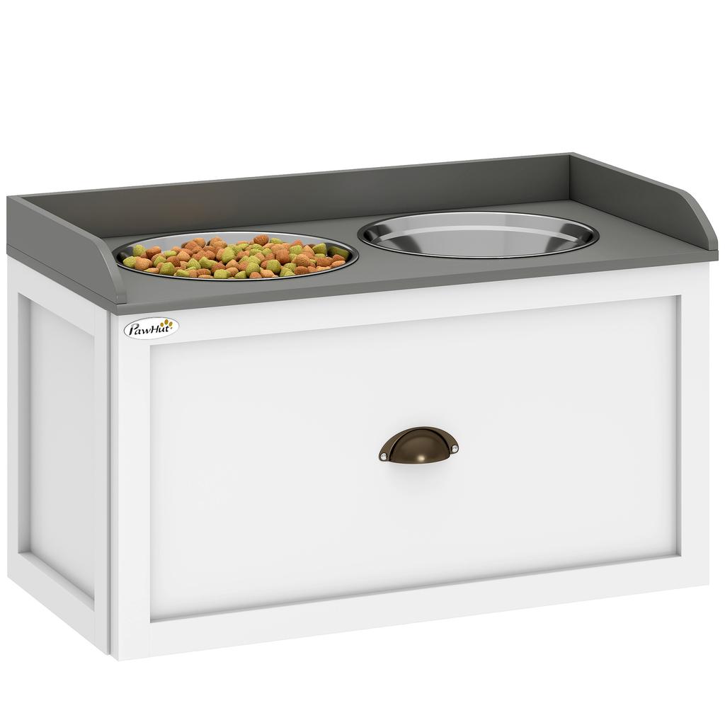 Stainless Steel Raised Dog Bowls, with 21L Storage Drawer for Large Dogs and Cats - White