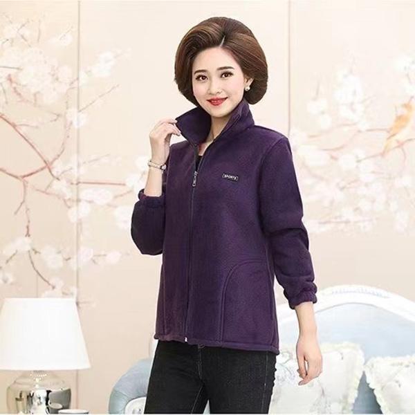 Middle-aged Elderly Women's Polar Fleece Sports Jacket Spring and Autumn Stand Collar Loose Outdoor Casual Sweatshirt Fleece Solid Color Short Top