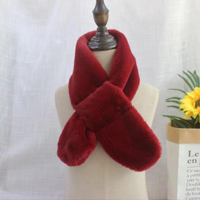 Детский зимний теплый утолщенный шарф с перекрестным воротником для мальчиков и девочек, однотонный искусственный мех кролика, плюшевый милый платок-шарф