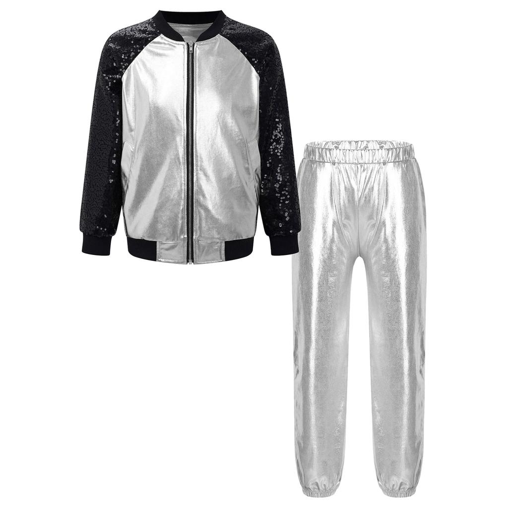 Детский костюм для джаза/хип-хопа с металлической курткой-бомбером и спортивными штанами