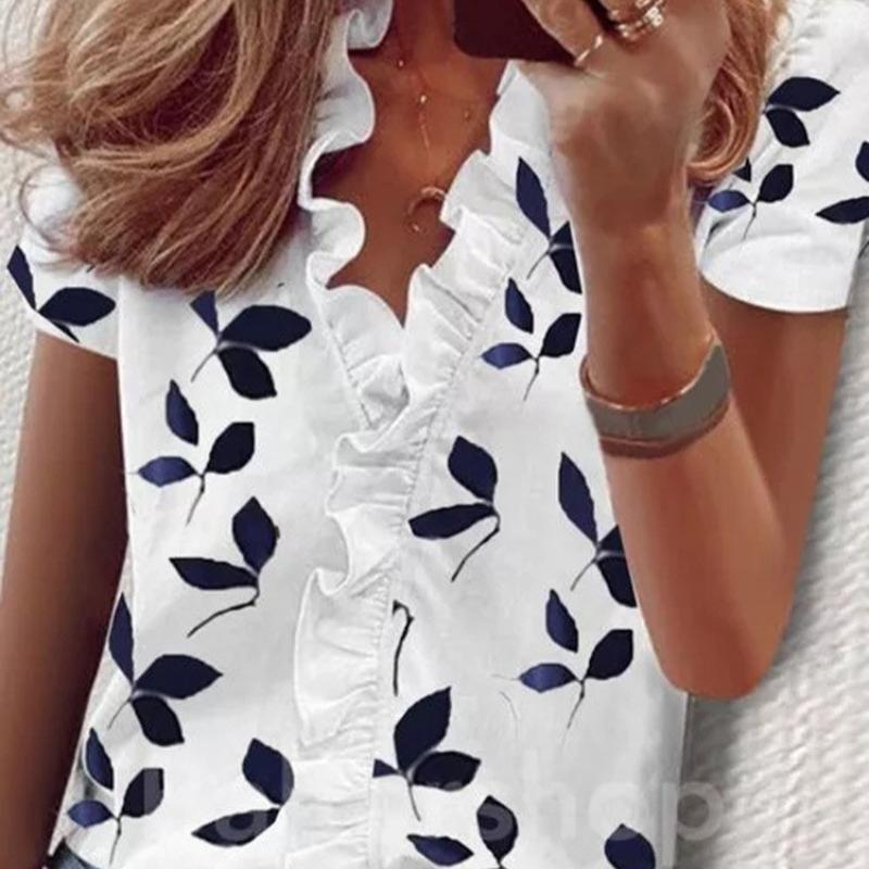 Модные рубашки с коротким рукавом и V-образным вырезом больших размеров для женщин, летние топы, элегантные повседневные свободные блузки с цветочным принтом, женская приталенная рубашка на пуговицах 26379