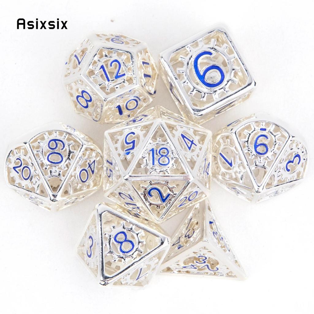 7 Pcs White Blue Gear Wheel Metal Dice Hollow Metal Polyhedral Dice Set Suitable for Role-Playing RPG Board Game Card Game