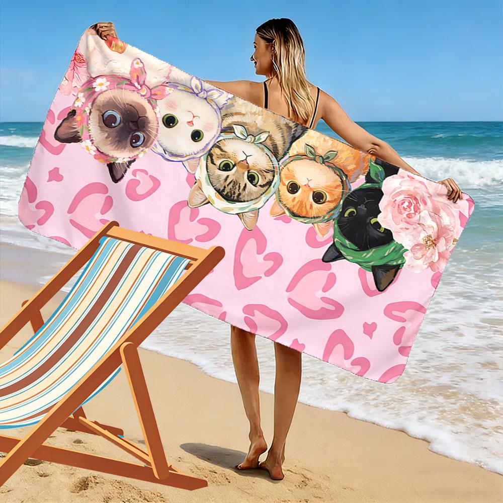 Cute Cats with Pink Hearts Beach Towel Quick-drying for Travel Outdoor Sports Jogging Beach and Swimming