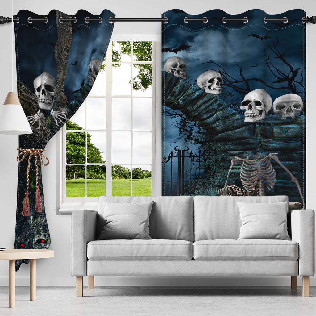 2 шт./набор Ужас Хэллоуин Оконная занавеска Ночные ворота Скелет Декор для дома Спальни Гостиной Затемняющие занавески из полиэстеровой ткани