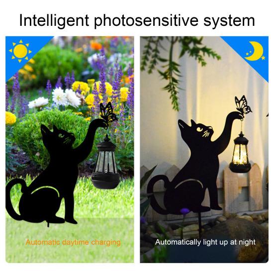 Солнечный фонарь для кошек, милый силуэт кошки со светодиодным теплым светом, водонепроницаемая антикоррозийная лампа для наружного декора с заземляющим колышком для сада, двора, газона