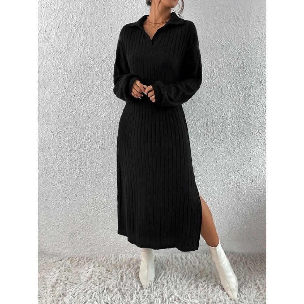 Однотонное платье с разрезом на плече и бедре, осеннее, новый стиль, с длинными рукавами, женская одежда, однотонное, осень и зима