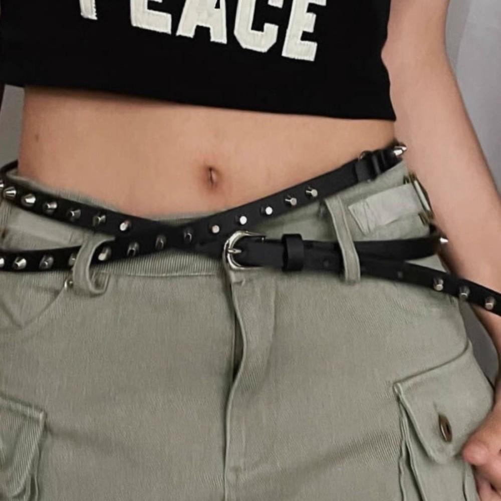 Thin Women's Rivet Belt Extra Long Dress Jeans Belt Vintage Leather Waist Belt Spicy Girls