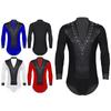 Men's Stage Performance Leotard - Glittery Rhinestones V Neck Long Sleeve with Satin Patchwork