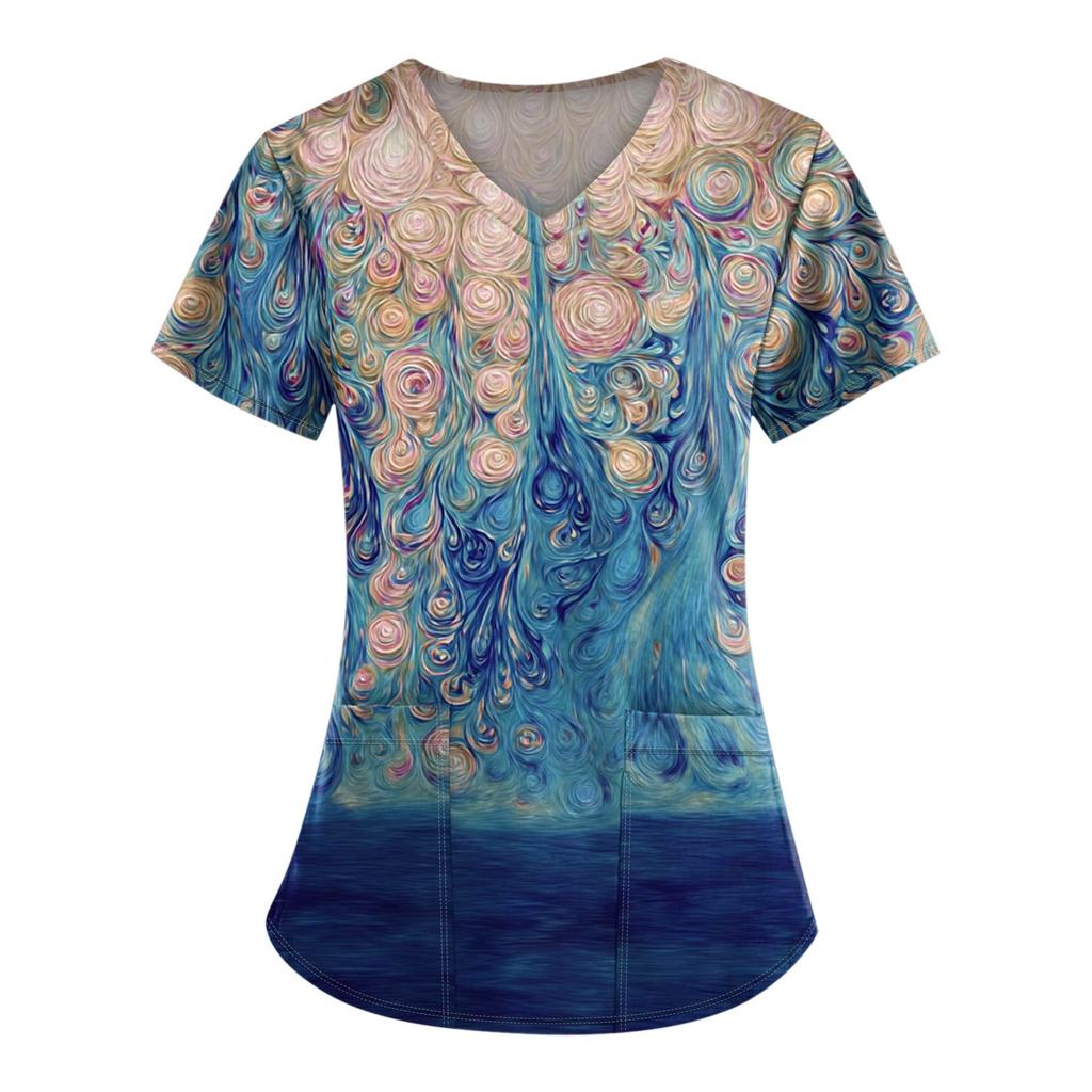 Plus Size Printed Scrub Working Uniform Tops For Women's V-Neck Print Short Sleeve Fun T-Shirts Workwear Tee With Pockets