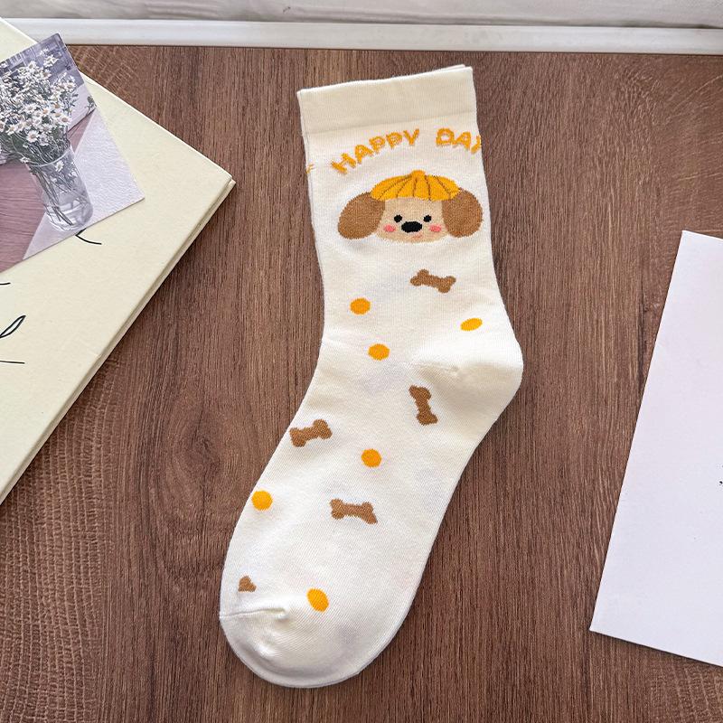 Female Summer Thin Cartoon Illustration Dog Star White Medium Tube Cotton Socks