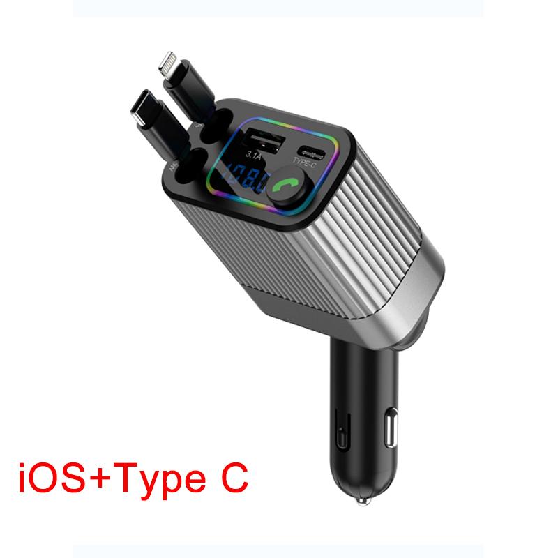Автомобильное зарядное устройство Bluetooth 4 в 1, многофункциональное зарядное устройство, удобный в использовании адаптер для зарядки Type-C с цифровым дисплеем и выдвижным кабелем для iPhone