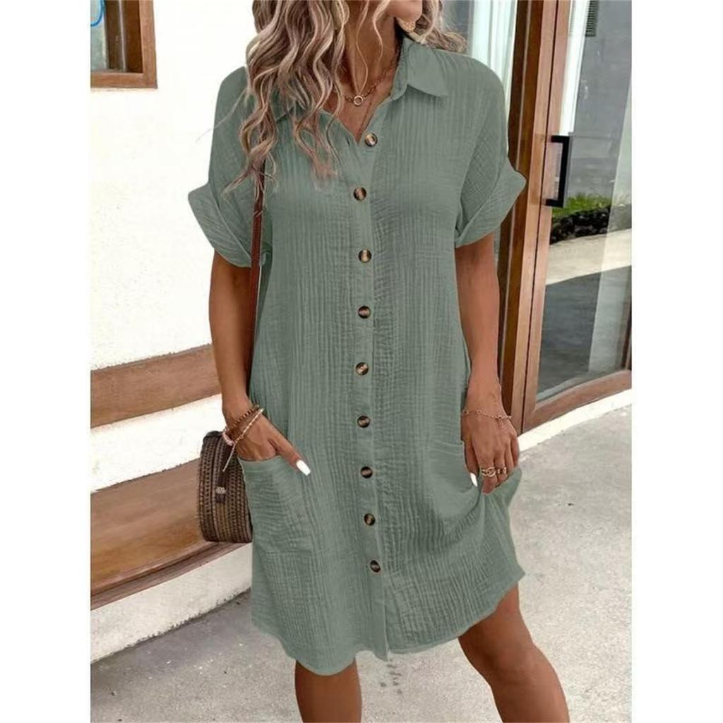 Fashion Women's Summer Casual Short Sleeve V-Neck Button Dress