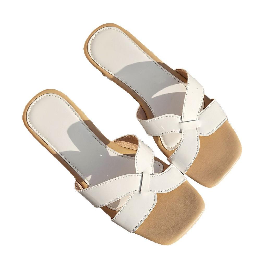 Summer New Korean Version Fashion Square Head Foot Cover Flat Bottom Fashion Casual Large Size Women's Roman Cross with Cool Slippers