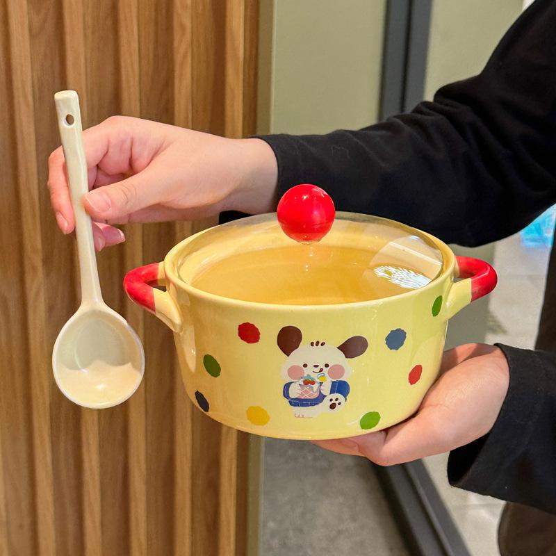 Кремовая ветровая посуда Милая керамическая миска для лапши быстрого приготовления с крышкой Двуухая суповая миска Миска для лапши быстрого приготовления для студенческого общежития