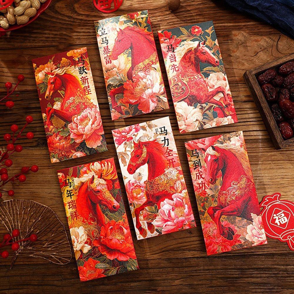 6 шт. 2026 год Лошади Новогодние красные конверты Конверт для Праздника Весны Свадебная церемония