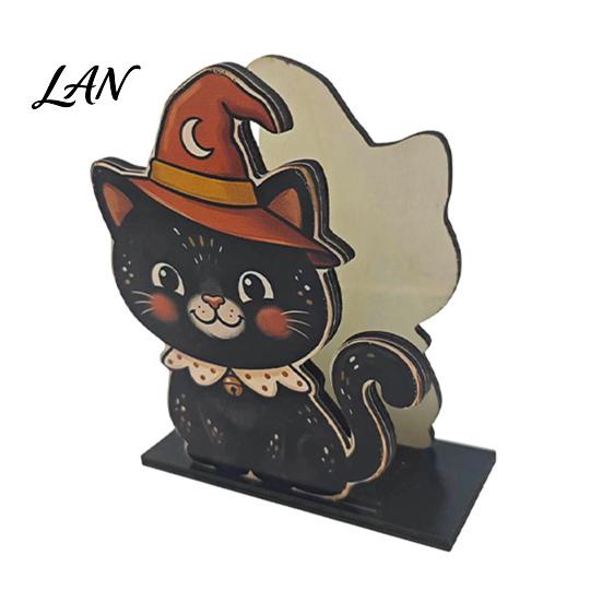Cute Cartoon Pattern Decor Halloween Wooden Napkin Holder, Black Cat Mummy Pumpkin Table Desktop Organizer for Party, Spooky Festive Kitchen