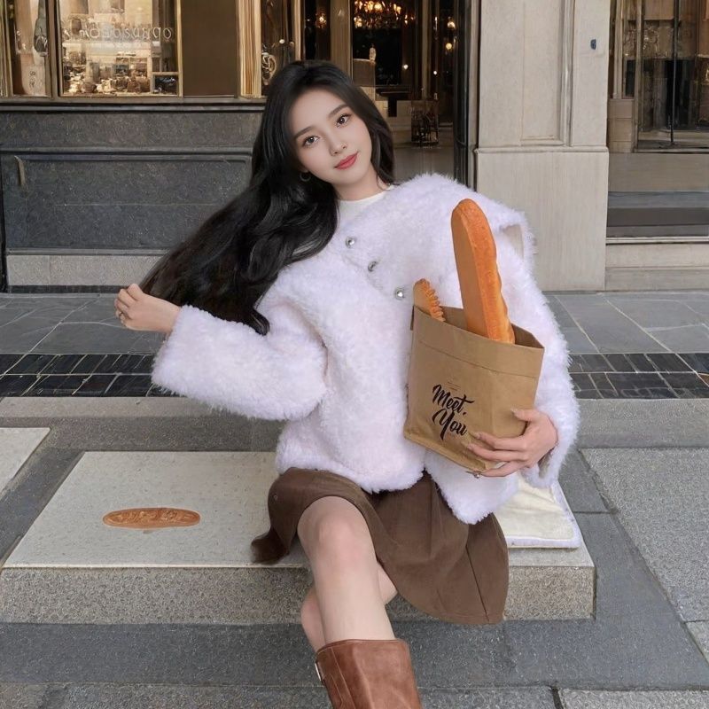 V-образный вырез шерсть зимняя стрижка овец мех интегрированный меховой верх шуба женская