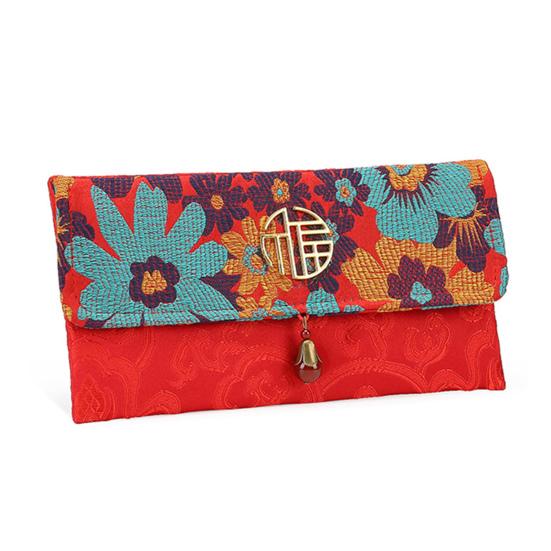 Сумка для денег в китайском стиле с цветочным принтом, тканевый конверт, красный карман, новогодний пакет