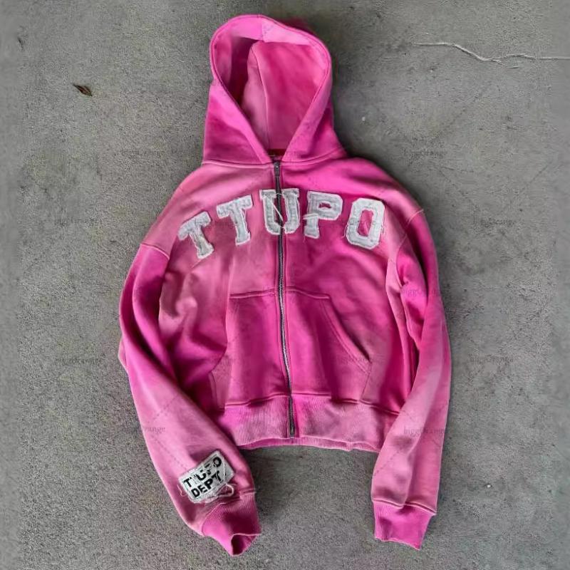 Мужская и женская свободная толстовка с капюшоном на молнии в стиле ретро Y2K в стиле уличной моды с цветными нашивками и вышивкой