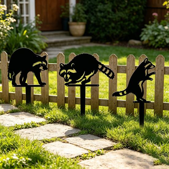 Cute Raccoon Metal Garden Stake Black Raccoon Silhouette Decorative Yard Art