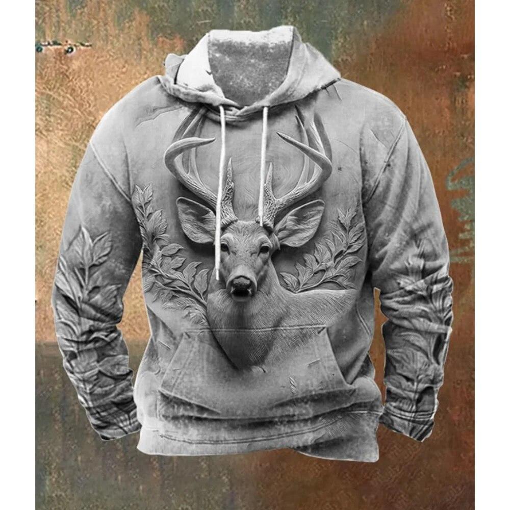 Men's Vintage Hoodie 3D Deer Hunting Graphic Hooded Sweatshirt For Male Winter Outwear Tops Oversized Daily Casual Steetwear