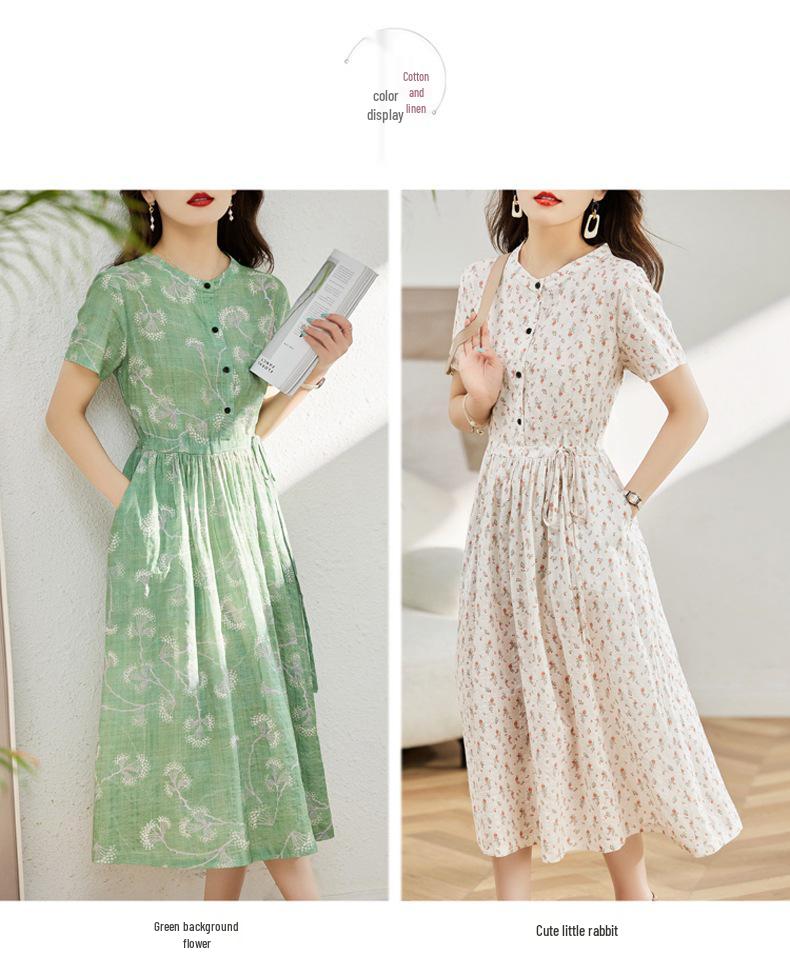 Женское летнее платье 2025 года с цветочным принтом из хлопка и льна - с коротким рукавом, приталенное, длинное, омолаживающее, модная повседневная одежда для мам