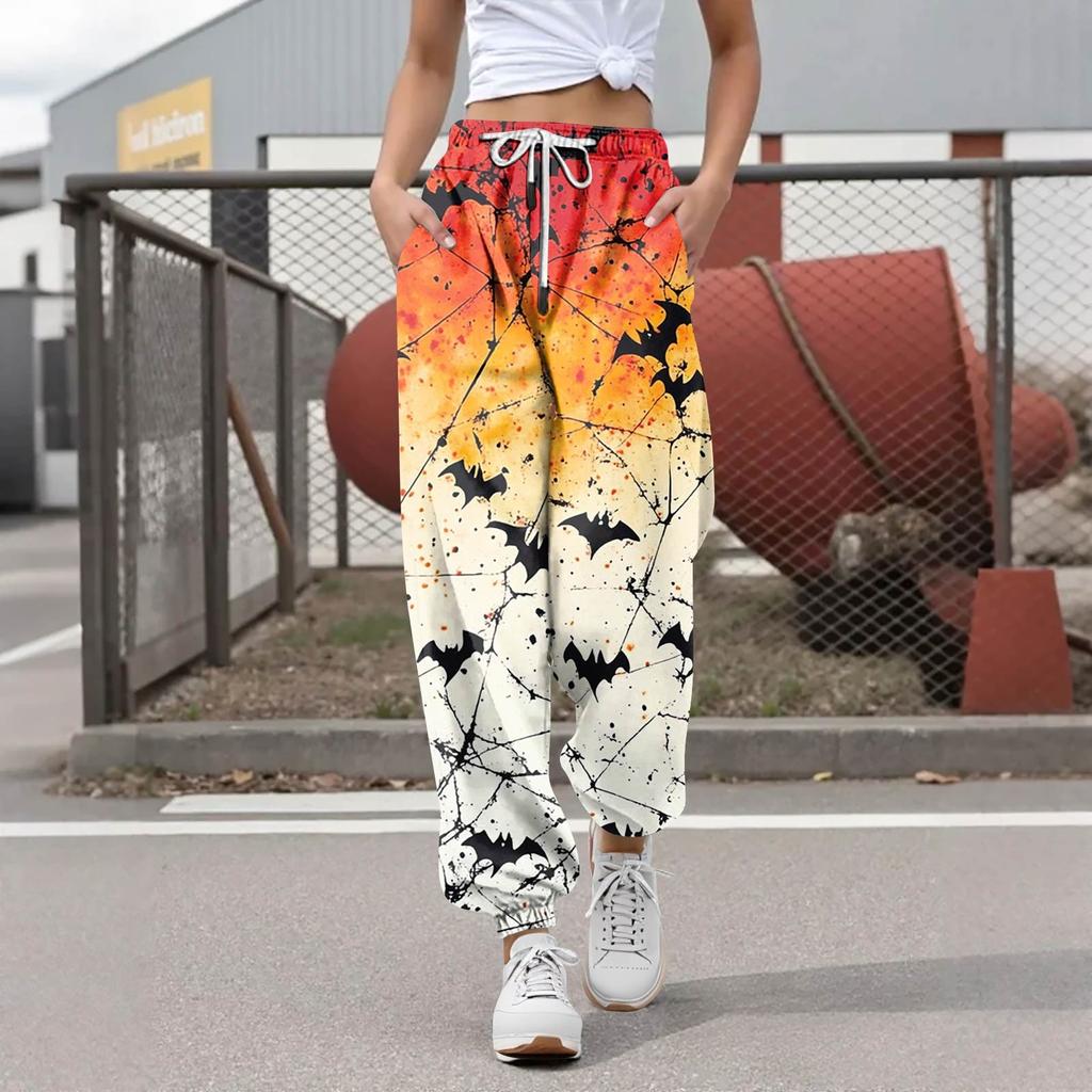 Женские повседневные модные брюки для отдыха с принтом на Хэллоуин, спортивные штаны, брюки с эластичной резинкой на талии, брюки со шнурком
