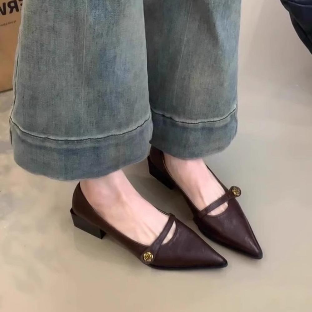 Fashion Retro Mary Jane Shoes Women's Spring Autumn Brown Light Mouth High Heels One Button Thick Heels Pointed Toe Temperament Pumps