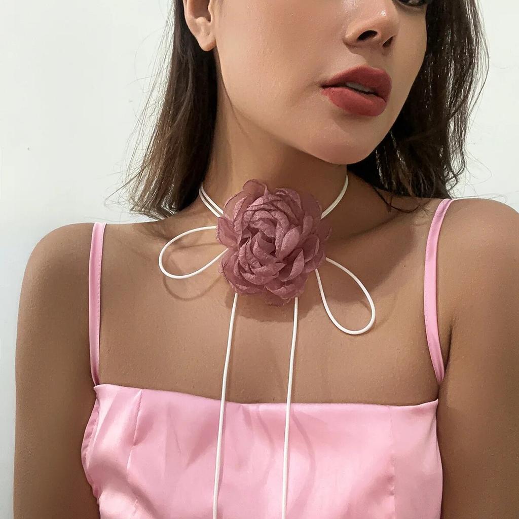 Exaggerated Elegant Big Rose Flower Clavicle Chain Necklace for Women Kpop Sexy Romantic Adjustable Rope Choker Y2K Accessories