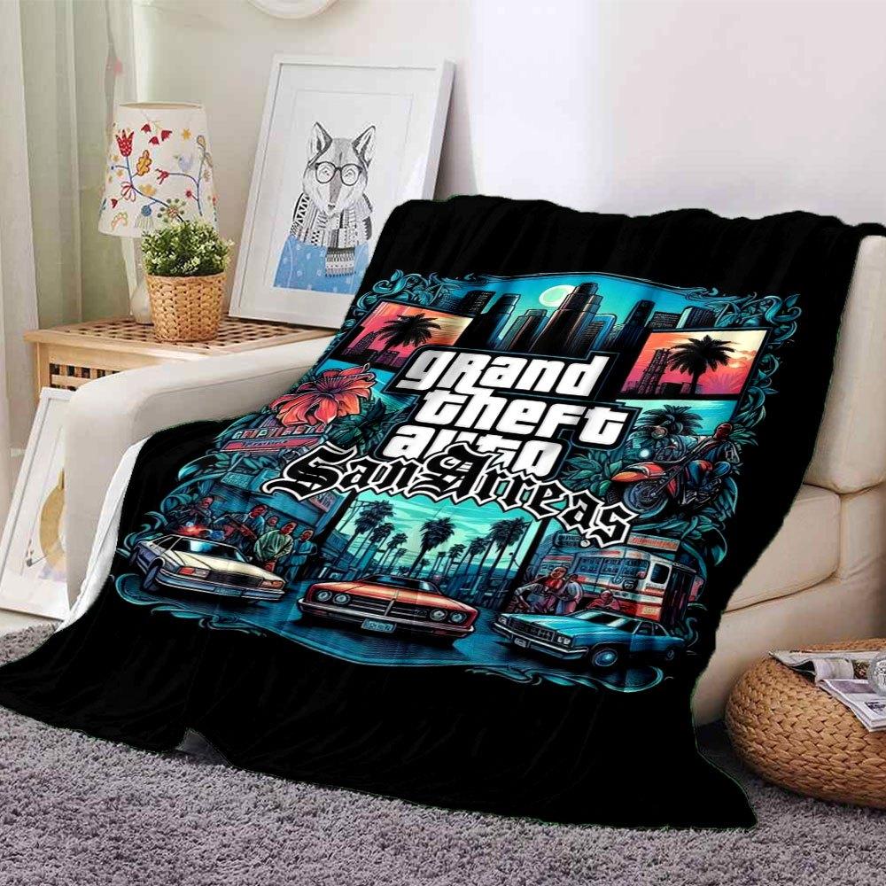 1 шт. Мягкое фланелевое одеяло Grand Theft Auto с дизайнерским принтом. Уютное одеяло для всех сезонов, идеально подходит для дивана, кровати, офиса