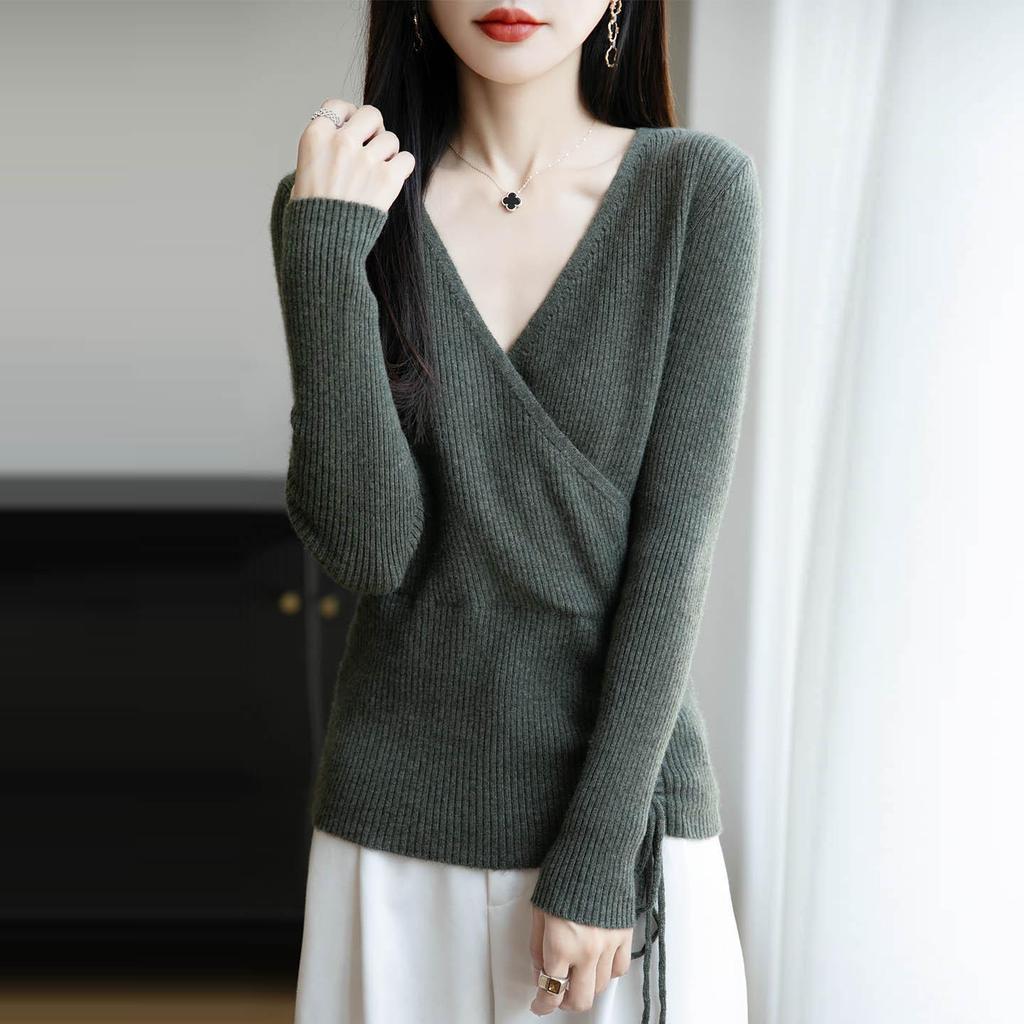 Women's Elegant V-Neck Wool Sweater: Autumn/Winter Fashion Long Sleeve Knitwear with Drawstring.
