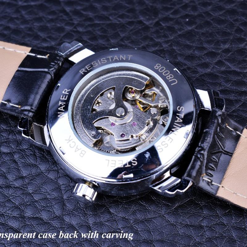 WINNER Черные часы-скелетоны с синей гравировкой, мужские часы с кожаным ремешком, автоматические часы лучшего бренда класса люкс