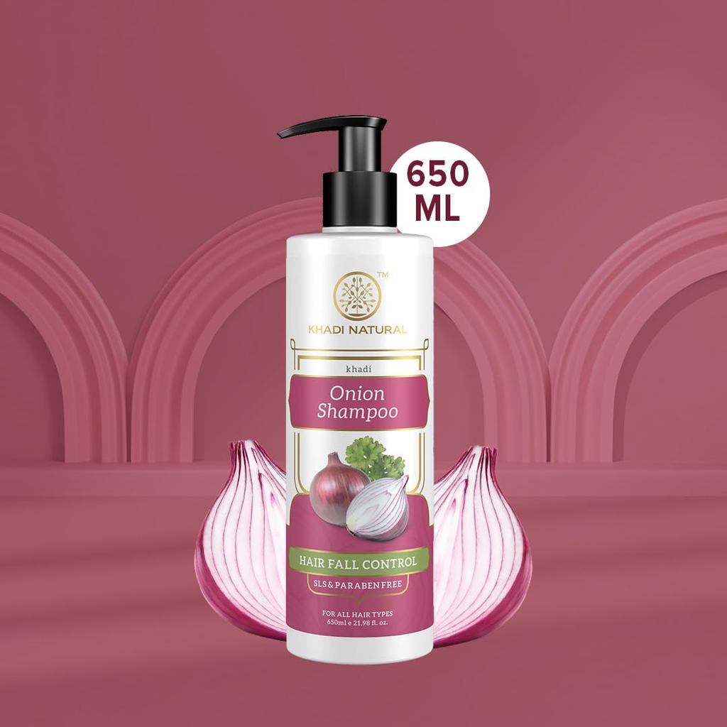 KHADI NATURAL Шампунь с луком без сульфатов и парабенов для роста волос, контроля перхоти, для всех типов волос, упаковка 2 шт. по 650 мл
