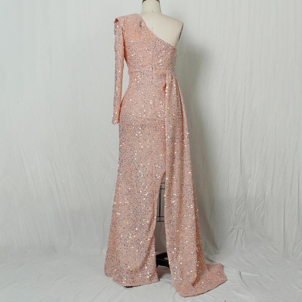 Зимнее платье подружки невесты на одно плечо с пайетками 2025 года — элегантный европейский и американский стиль