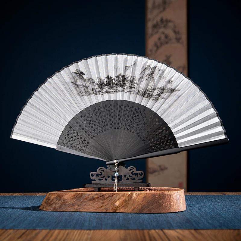 Chinese-Style Folding Fan for Women, Hollow-Carved Bamboo Fan, Traditional Ink Painting, Silk Satin Fan Surface, Daily Folding Fan
