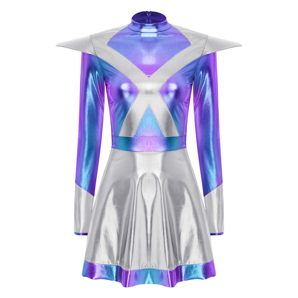 Womens Alien Astronaut Cosplay Dress Long Sleeve Flap Contrast Color Metallic Shiny A-line Space Warrior Dress