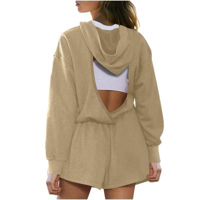 Rompers For Women Casual Solid Color Hooded Sports Open Back Jumpsuits Backless Hollow Romper Trendy Outfits