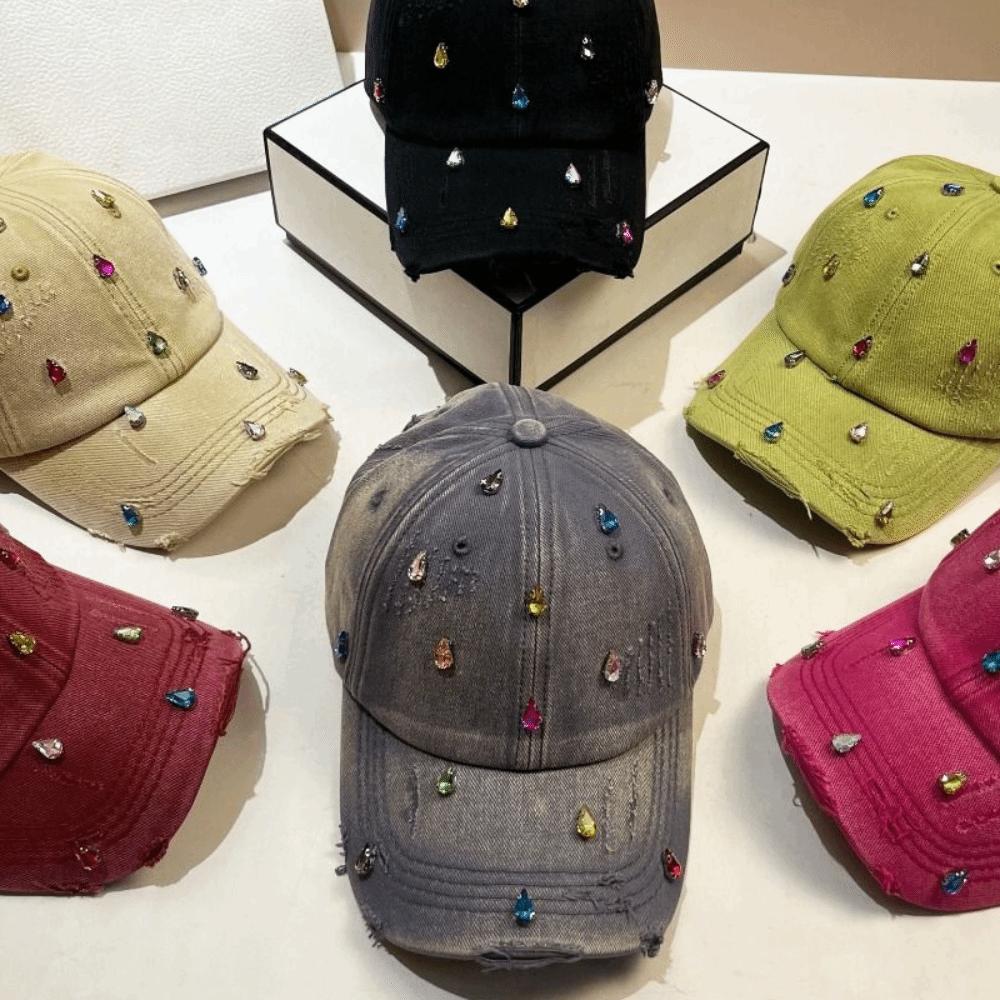 Cotton Colorful Rhinestones Baseball Cap Distressed Design Sunshade Hat Casual Sun Hat Street