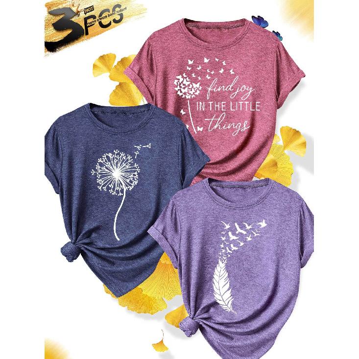 3Elegant plus-size short-sleeve outfit for sisters to attend parties T Shirt Dandelion Bird Find Joy Printed plus-size women's casual sportswear for
