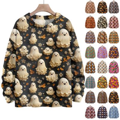 Свитшоты на Хэллоуин для женщин, вязаный свитер, милая рубашка, осенний свитер с круглым вырезом, топы