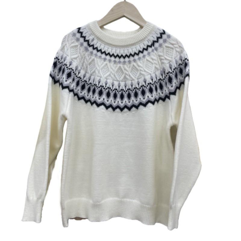 Oversized Fair Isle Knit Sweater Women Soft Acrylic Pullover With Embroidery Crew Neck Long Sleeve