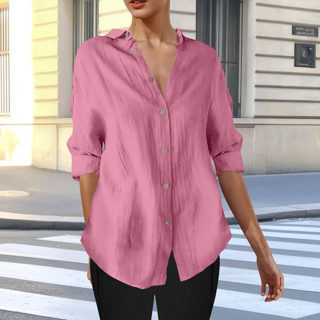 Long Sleeve Linen Shirts For Women Button Down Loose Solid Color Blouse Lightweight Casual Lapel Tunic Tops